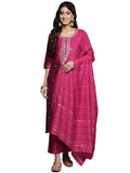 Libas Pink Yoke Design Silk Blend Straight Kurta With Trousers & Dupatta