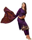 Anni Designer Women'S Cotton Blend Straight Embellished Kurta With Pant & Dupatta (Jodha Violet_L_Violet_Large),Violet,L