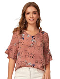Toplot Printed Bell Sleeve Wrap & Swing V Neck Top For Women(T-V-Neck-Top-5009-Brown-Xs),Brown,,B0B39CFYTV