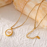 Gold Oval Pendant Necklace Natural Fritillary & Zircon Inlay 18K Gold Plated Copper Frame Titanium Steel Chain Adjustable (4