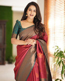 Flosive Womens Present Banarasi Soft Lichi Silk Saree Beautiful Jacquard Rich Pallu Design Work Zari Woven Kanjivaram Silk Style Saree With Soft Lichi Silk Blouse Piece Ayn Ritch (Red)