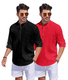 Bellstone Men'S Cotton Blend Solid Regular Dress Shirt (Kurta1500_Combo_Black & Red_L