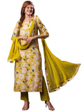 Anni Designer Women'S Cotton Blend Straight Printed Kurta With Pant & Dupatta (Kuru Yellow_L_Yellow_Large),Yellow,L