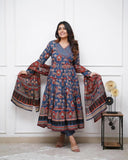 Greciilooks Women'S Rayon Anarkali Printed V- Neck Kurta With Palazzo & Dupatta | Ethnic Set | Dupatta Set | Suit Set | Kurta And Pant Set (In, Alpha, L, Regular, Blue)