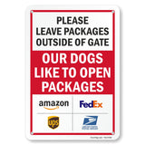 SmartSign Leave Packages Outside Gate Dogs Like To Open Packages Sign with Delivery Partner Logos - 10 x 7, 40 mil Laminated Alu