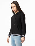FYLTR Women's Hoodie with Stripe Rib Detail - Sporty Raglan Sleeve | Spacious Side Pockets | Full Zipper | Casual Winterwear for Women,Every Ebony