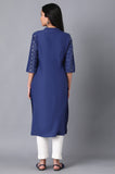 W Blue Floral Printed Cotton Regular Kurta For Women Blue Xs