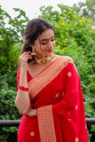 Flosive Womens Kanjivaram Silk Saree With Handloom Weaving Work With Blouse (Red)
