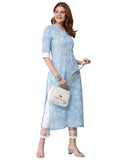 Anni Designer Women'S Cotton Blend Traditional Straight Printed Kurta With Pant Set (Aneka Blue_Xxl_Blue_Xx-Large),Blue,2XL