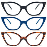 DXYXYO Cat Eye Reading Glasses for Women 3 Pack Anti Blue Light Computer Readers Stylish Retro with Spring Hinge, 3.5+ Black+blu