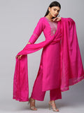 Anni Designer Women'S Cotton Blend Straight Embroidered Kurta With Pant & Dupatta (Mahuni Pink_M_Pink_Medium),Pink,M,Cotton Blend,Straight,