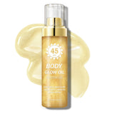 QIUFSSE Body Glow Oil,SPF 45 Broad Spectrum,Body Shimmer Oil with Gold Mica,Glitter Sunscreen with Coconut,Lightweight Non-Stick