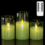 GenSwin Green Glass Battery Operated Flameless Led Candles with 10-Key Remote and Timer, Real Wax Candles Warm White Flickering