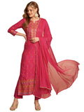 GoSriKi Ladies Cotton Blend Straight Print Cropped Trousers and Dupatta Kurta, pink, L