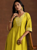 Libas Womens Yoke Design Silk Blend A-Line Kurta With Trousers Yellow 2Xl