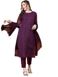 ishin Women Purple Paisley Embroidered Regular Chikankari Kurta Set| Kurta with Trousers & Dupatta|Kurta Set for Women