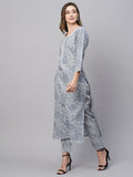 Anni Designer Women'S Cotton Blend Straight Printed Kurta With Pant (Gulika Grey_S_Grey_Small),Grey,S,Cotton Blend,Regular,Kurta