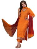 Anni Designer Women'S Cotton Blend Straight Embroidered Kurta With Pant & Dupatta (Kunnu Orange_L_Orange_Large),Orange,L