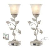 RORIANO Set of 2 Rustic Touch Table Lamps for Bedroom, 3-Way Dimmable Nightstand Flower Lamp with 2 USB Ports, Retro White Glass