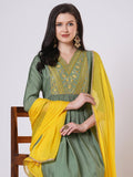 Anni Designer Women'S Rayon Viscose Anarkali Embroidered Kurta With Pant & Dupatta (Padari Green_Xxl_Green_Xx-Large),Green,2XL,,,