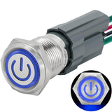 UL Listed 15Amp 16mm Latching Push Button Switch 12V-24VDC IP67 Waterproof; SPST 1NO, with LED Angel Eye Light; Stainless Steel