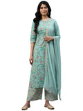 Gosriki Women'S Cotton Blend Floral Printed Straight Kurta With Palazzos & Dupatta (Panal-See Green_Xl-Gs_Green_X-Large),Green,,B0BPH19547