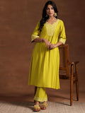 Libas Womens Yoke Design Silk Blend A-Line Kurta With Trousers Yellow L