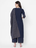 Anni Designer Women'S Cotton Blend Straight Printed Kurta With Pant & Dupatta (Jam001-Dark Blue_S_Dark Blue_Small),Dark Blue,S,Cotton Blend,Regular,Dupatta