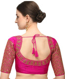 Pujia Mills Women'S Embroidery Handwork Sequence Work Necklace Design Readymade Blouse (Dark Pink, 32)