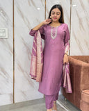 Anni Designer Women'S Rayon Blend Embroidered Straight Kurta With Pant & Dupatta (Nagari Purple_Xl_Purple_X-Large),Purple,XL,Rayon Blend,Classic,
