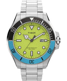 Timex Mens Harborside Coast 43mm Watch Stainless Steel Bracelet Green Dial SilverTone Case