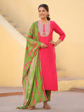 Anni Designer Women'S Rayon Blend Embroidered Straight Kurta With Pant & Dupatta (Dhaya Pink_Xl_Pink_X-Large),Pink,XL,,,