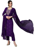 Anni Designer Women'S Cotton Blend Embroidered Straight Kurta With Pant & Dupatta (Kasturi Begani-Nw_S_Blue_Small),Blue,S