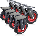 POWERTEC 8 Inch Caster Wheels Set of 8 (4 Swivel & 4 Fixed), Heavy Duty Casters w/Rubber Knobby Tread for Workbench, Dolly, Cart