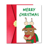 Pstyteos Funny Christmas Card for Friends Him Her, Middle Finger Elk Christmas Gift, 8 in x 5.3 in Greeting Card with Red Envelo