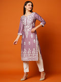 Anni Designer Women'S Cotton Blend Straight Chikankari Embroidered Kurta (Chin-Purple-Nw_Xl_Purple_X-Large),Purple,XL,Cotton Blend,Regular,Kurta