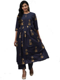 Gosriki Women'S Navy Blue & Golden Floral Printed Kurta With Palazzos,Blue,,B08QDFQ8T4