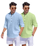 Bellstone Men'S Cotton Blend Solid Regular Fit Dress Shirt (Kurta1500_Combo_Sky & L Green_S Light