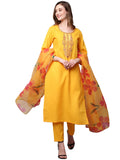 Anni Designer Women'S Cotton Blend Straight Embroidered Kurta With Pant & Dupatta (Gomti Yellow-Nw_S_Yellow_Small),Yellow,S,,,