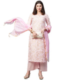 Anni Designer Women'S Cotton Blend Printed Straight Kurta With Palazzos & Dupatta (Ghost-Off-Pink_L_Pink_Large),Pink,L