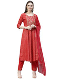Gosriki Women'S Cotton Blend Printed Straight Kurta With Pant & Dupatta (Karwa Red_S-Gs_Red_Small),Red,,B0BF5H7RWM