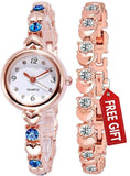 Acnos Premium Stainless Steel Analog Rose Gold Heart Shape Round Dial Blue Diamond With Rose Gold Bracelet Super Quality Women'S