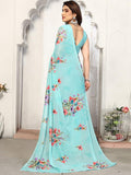 Satrani Georgette Womens Geoegette Floral Print Saree With Unstitched Blouse Piece (3112S2155Na_Sky Blue1)