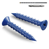 BNUOK 100Pcs 3/16 x 1-3/4 Inch Concrete Screws Anchor with Drill Bit, Blue Flat Head Masonry Brick Stucco Cement Block Screws, D