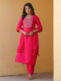 Anni Designer Women'S Rayon Blend Embroidered Straight Kurta With Pant & Dupatta (Kasturi Pink-Nw_Xl_Pink_X-Large),Pink,XL,,,