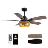 LuminFan 46 Inch Boho Black Rattan Ceiling Fans with Lights and Remote Control, Farmhouse Caged Rattan Ceiling Fan for Dining Ro