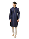 Manyavar Men's Navy Blue Shankh Patterned Kurta Set (2pcs) (Dark Blue,S)