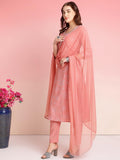 Anni Designer Women'S Rayon Blend Printed Straight Kurta With Pant & Dupatta (Vayu Peach_Xl_Peach_X-Large),Peach,XL,Rayon Blend,Classic,