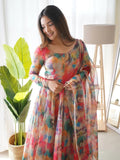Wedani Women Floral Print Anarkali Kurta With Pant And Duptta (Large Multi) Multicolour,Multicolour,L,Georgette,Anarkali,Dupatta