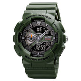 Skmei Sport Dual Time Display Analog-Digital Watch, Black Dial Abs Pu Case Men'S Watch, Pu Soft Rubber Army Green Color Band, Sh